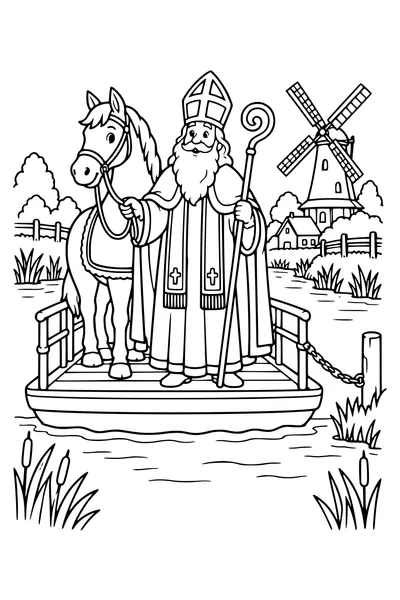 De Sint en zijn paard varen op een kleine pont langs een rietkraag.