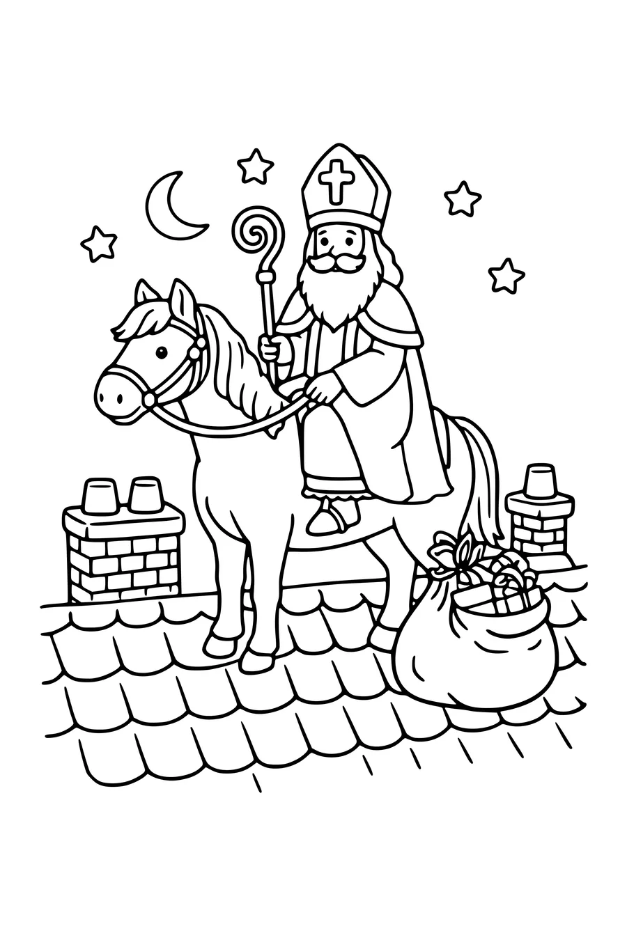 Ausmalbild: Sinterklaas auf seinem Schimmel auf einem Dach