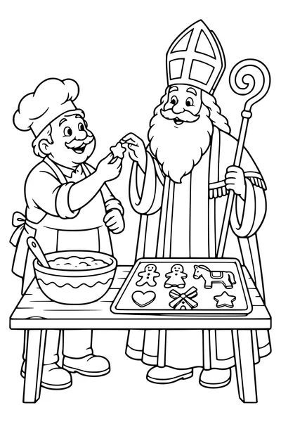De bakker biedt de Sint een klein proefstukje aan naast een bakplaat.