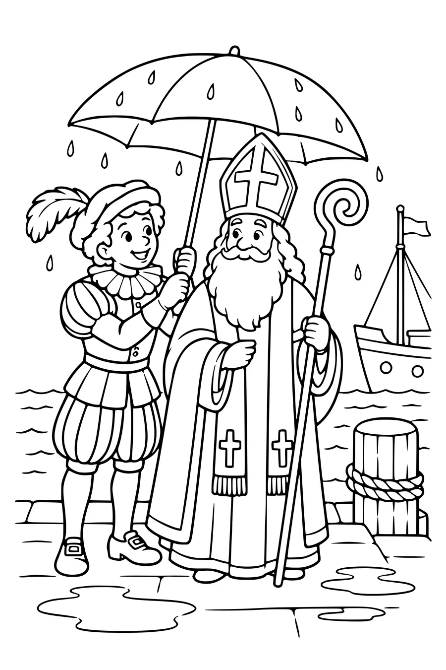 Een helper houdt een paraplu boven de Sint bij een natte kade.