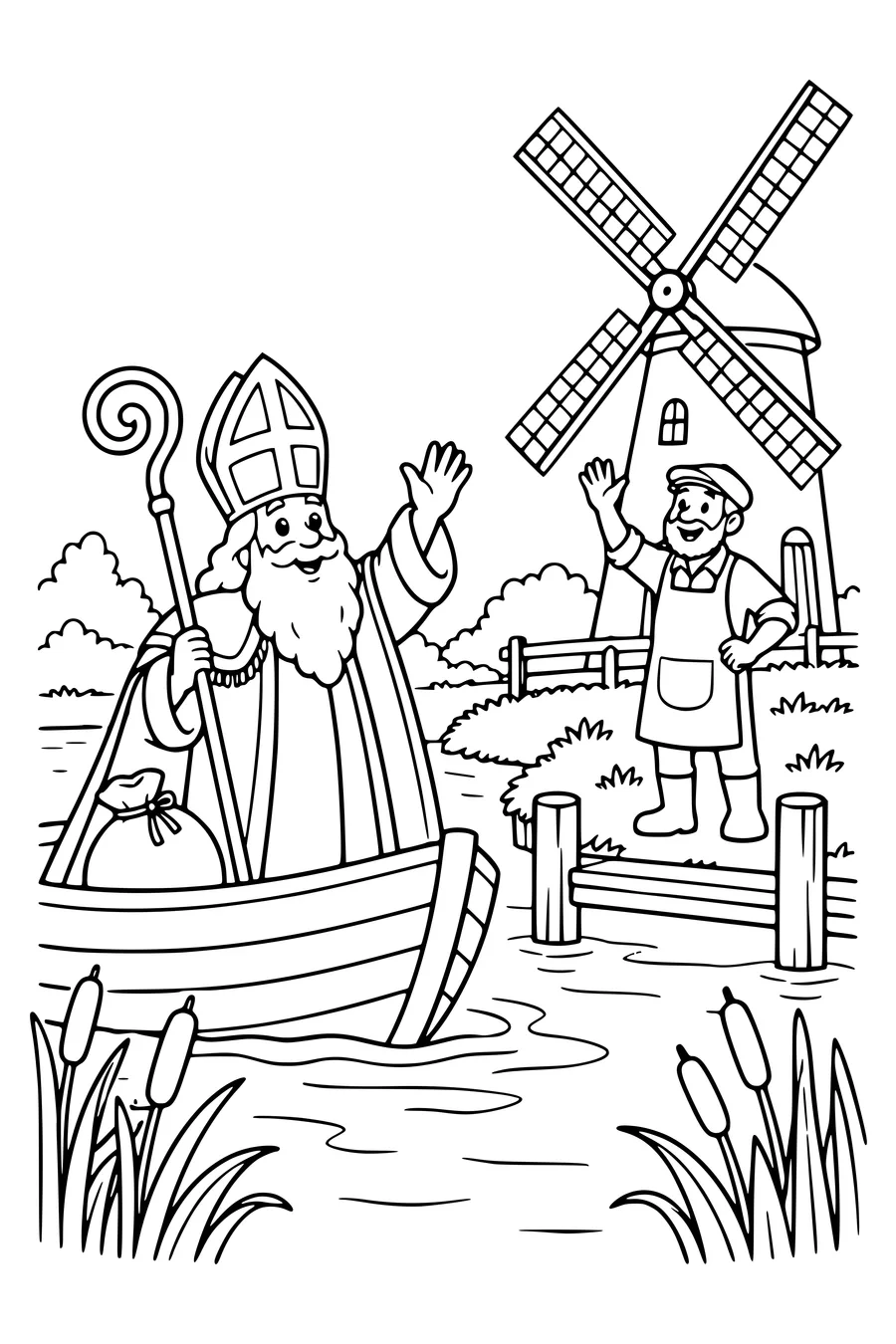 Depuis une petite barque, Sinterklaas salue un meunier au bord de l’eau.