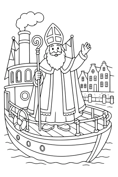 Gratis printbare kleurplaat van sinterklaas zwaait vanaf de stoomboot