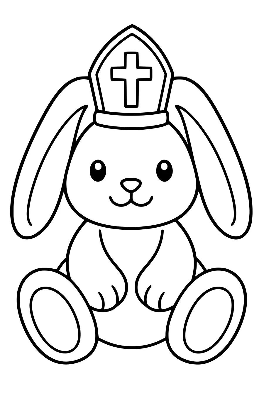 Een zittend knuffelkonijn draagt een kleine mijter tussen zijn oren.