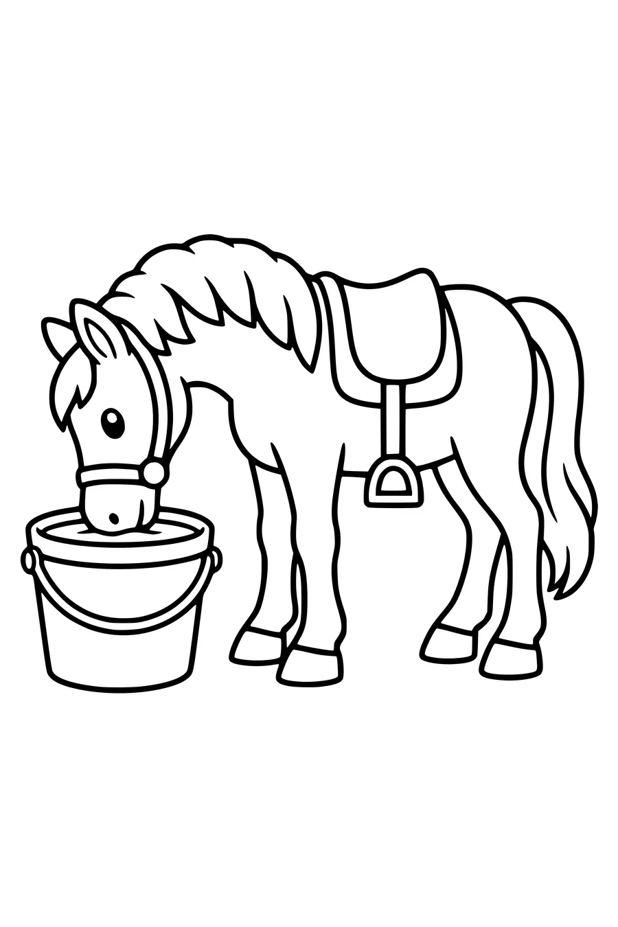 Le cheval baisse la tête pour boire dans un seau plein.