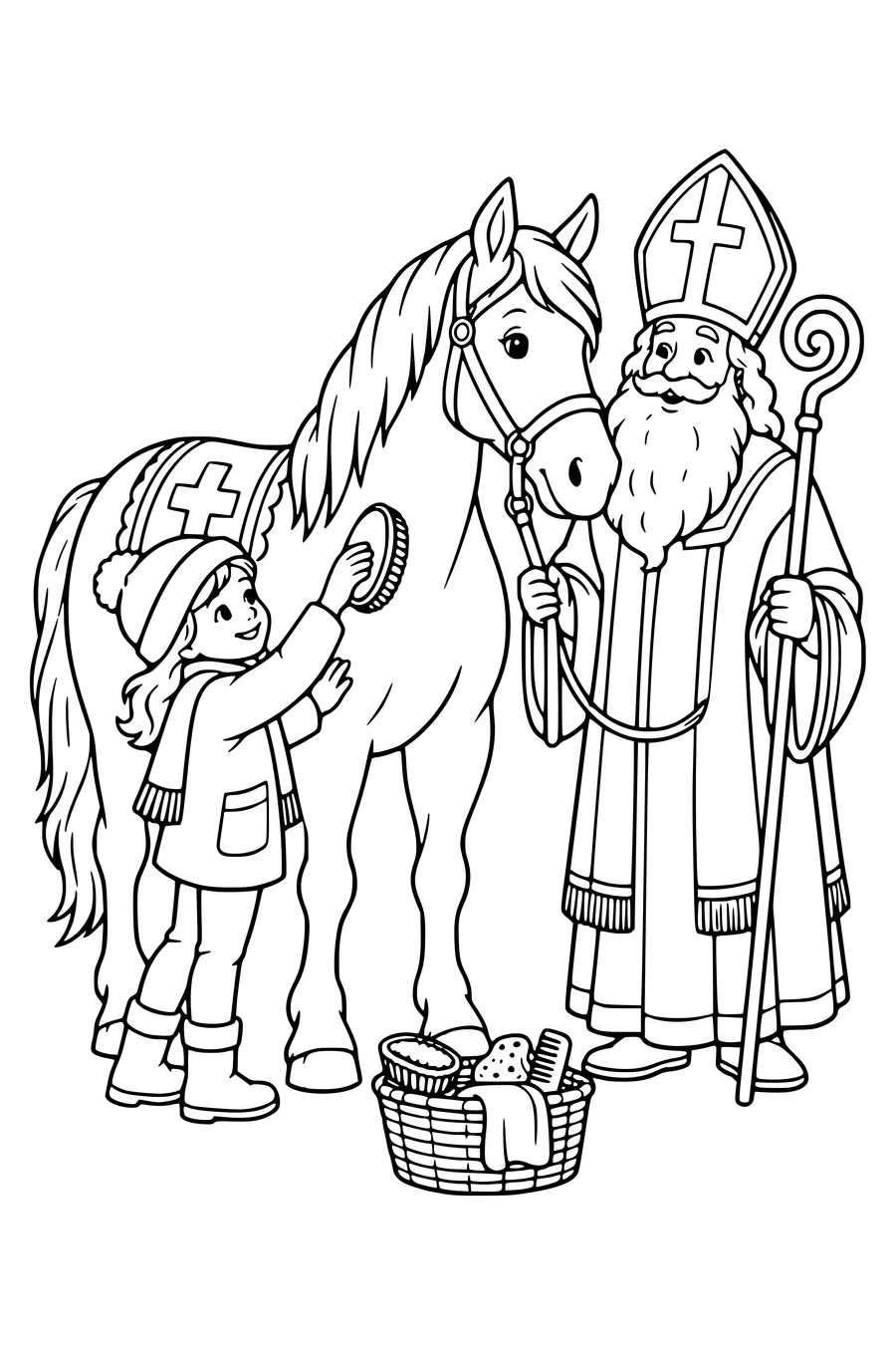 Un enfant brosse le flanc du cheval pendant que Sinterklaas tient la bride.