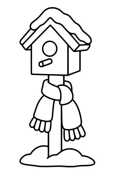 Een brede sjaal is om de paal van een eenvoudig vogelhuisje geknoopt.
