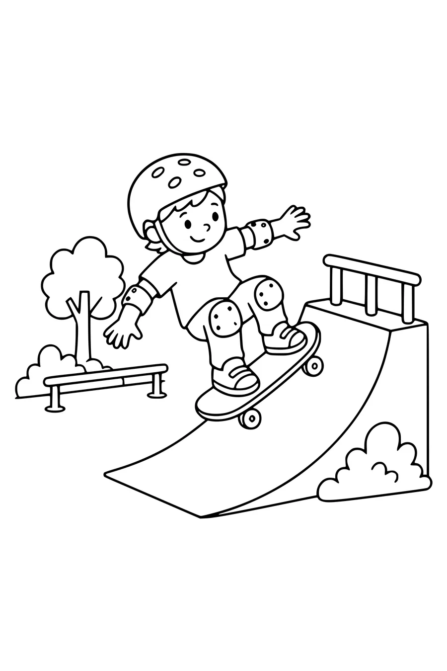 Kleurplaat van een kind met helm dat op een skateboard een ramp oprijdt