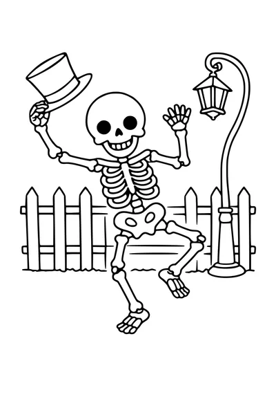 Coloring page of a cheerful skeleton dancing with a top hat