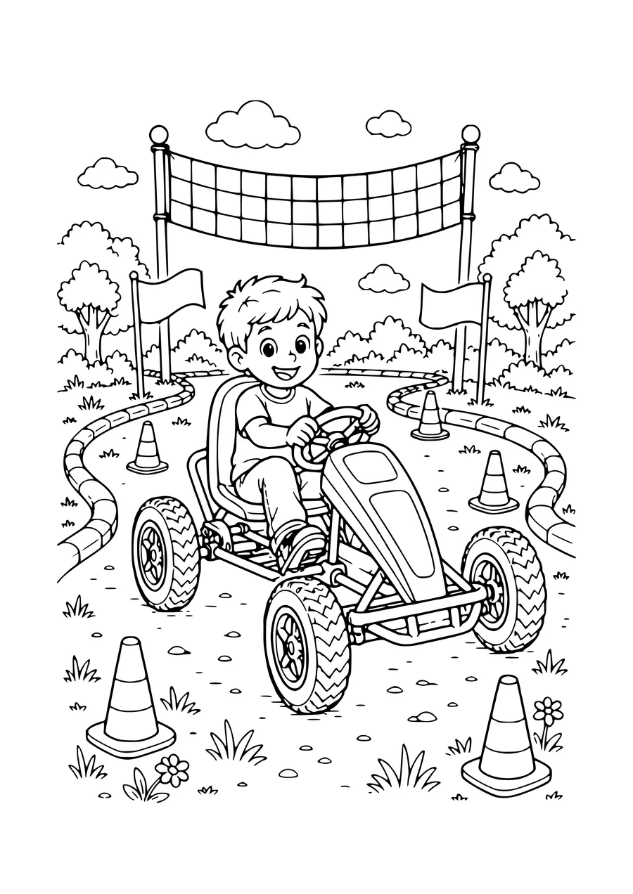 Ausmalbild: Pedal-Kart auf dem Parcours