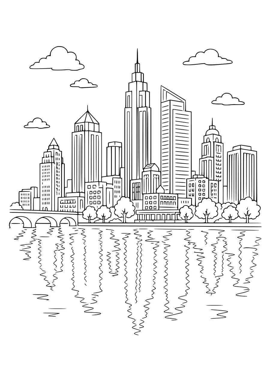 Coloring page of a city skyline with every window outlined