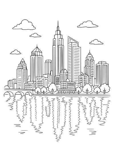 Coloring page of a city skyline with every window outlined