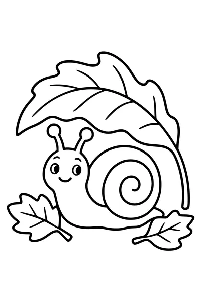 A friendly snail shelters beneath one curved autumn leaf forming a simple roof.