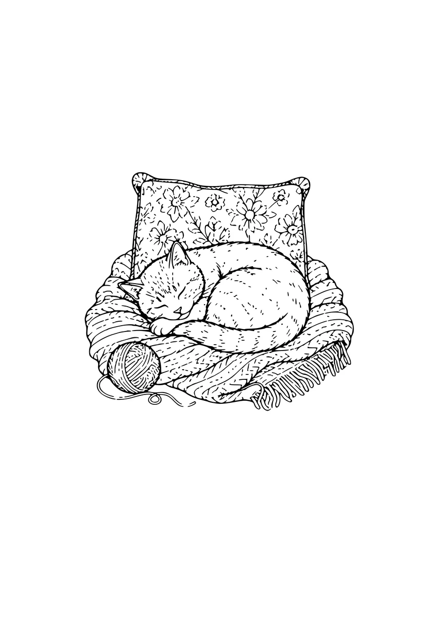 Kostenloses Ausmalbild: schlafende Katze auf einer Decke