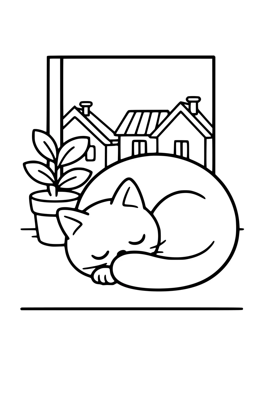 Coloring page of a cat curled up asleep on a windowsill beside a plant