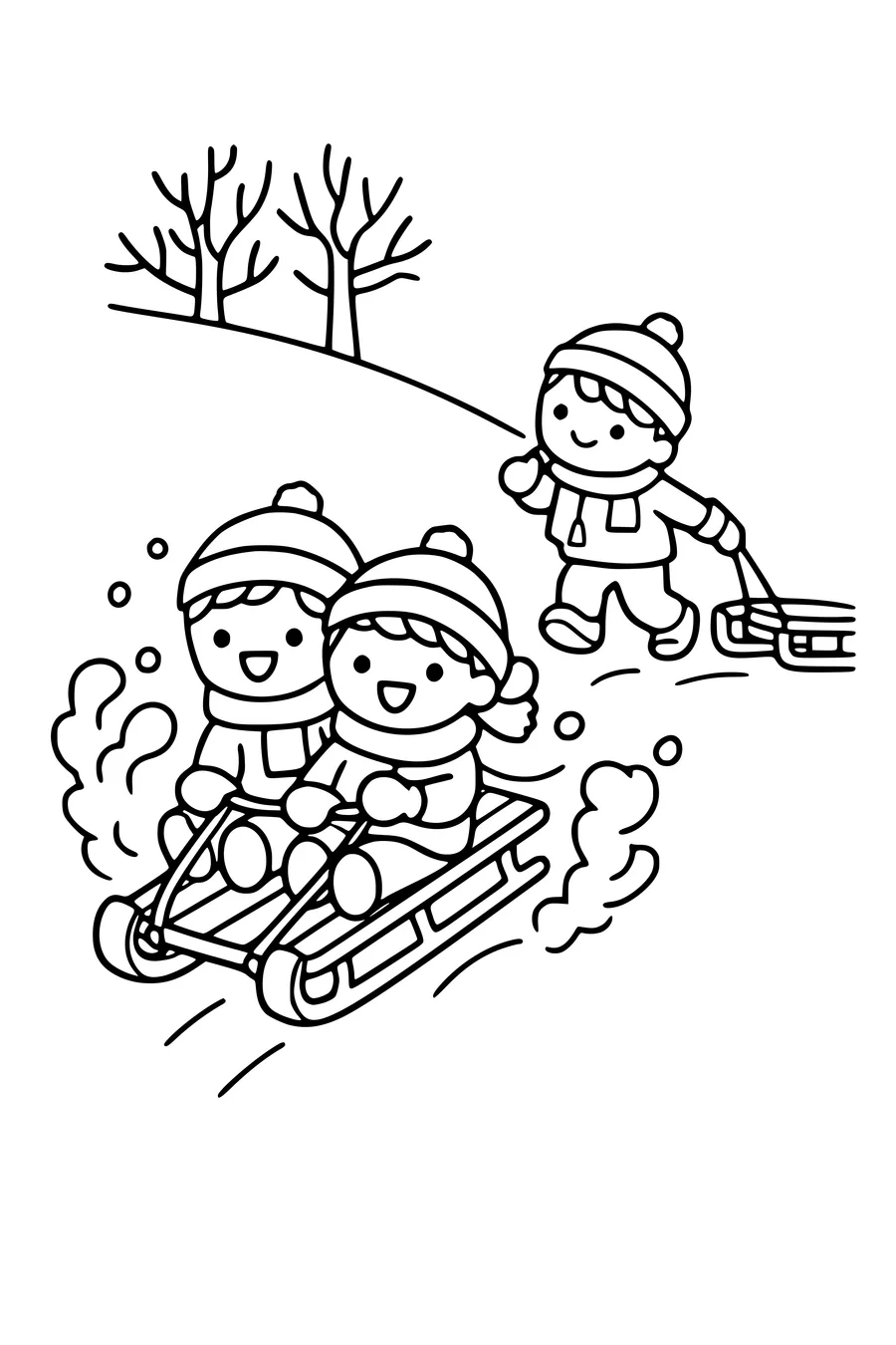 Coloring page of two children sledging down a snowy slope