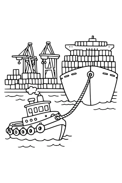 Coloring page of a tugboat towing a container ship in a harbour