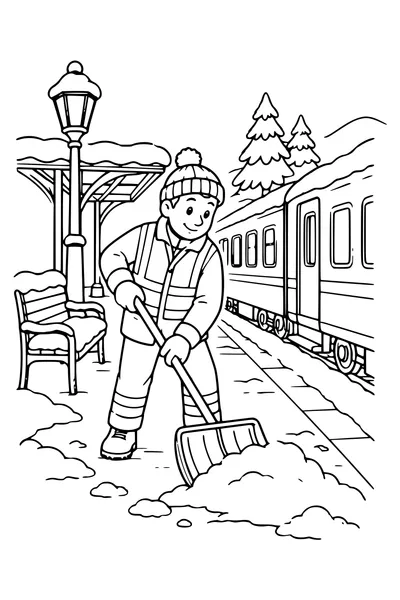 Een medewerker veegt het perron schoon terwijl een trein stilstaat.