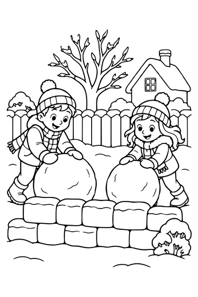 Twee kinderen rollen grote sneeuwballen naar een lage muur in de tuin.