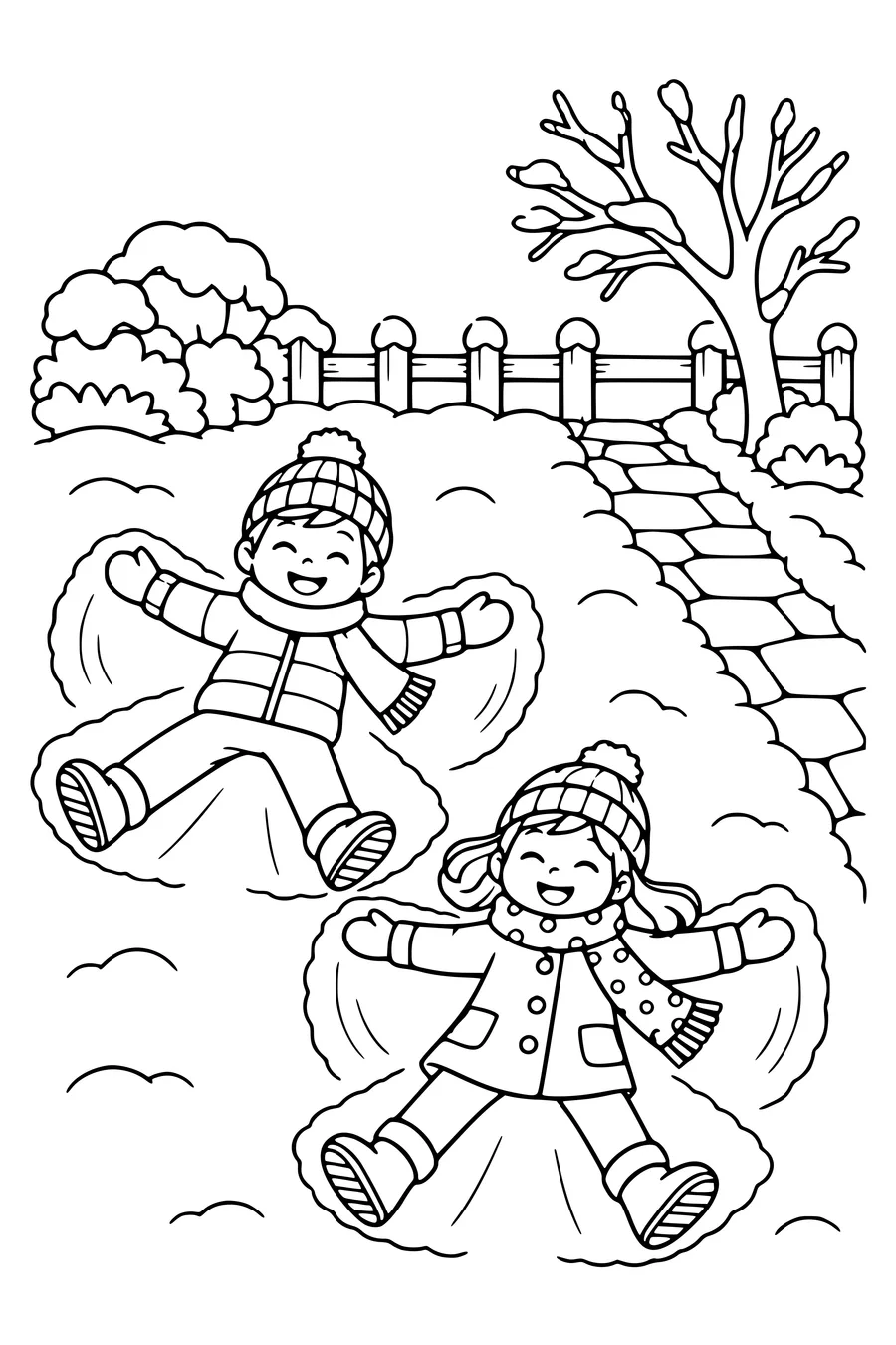 Twee kinderen maken sneeuwengelen op een vlak stukje sneeuw naast het pad.