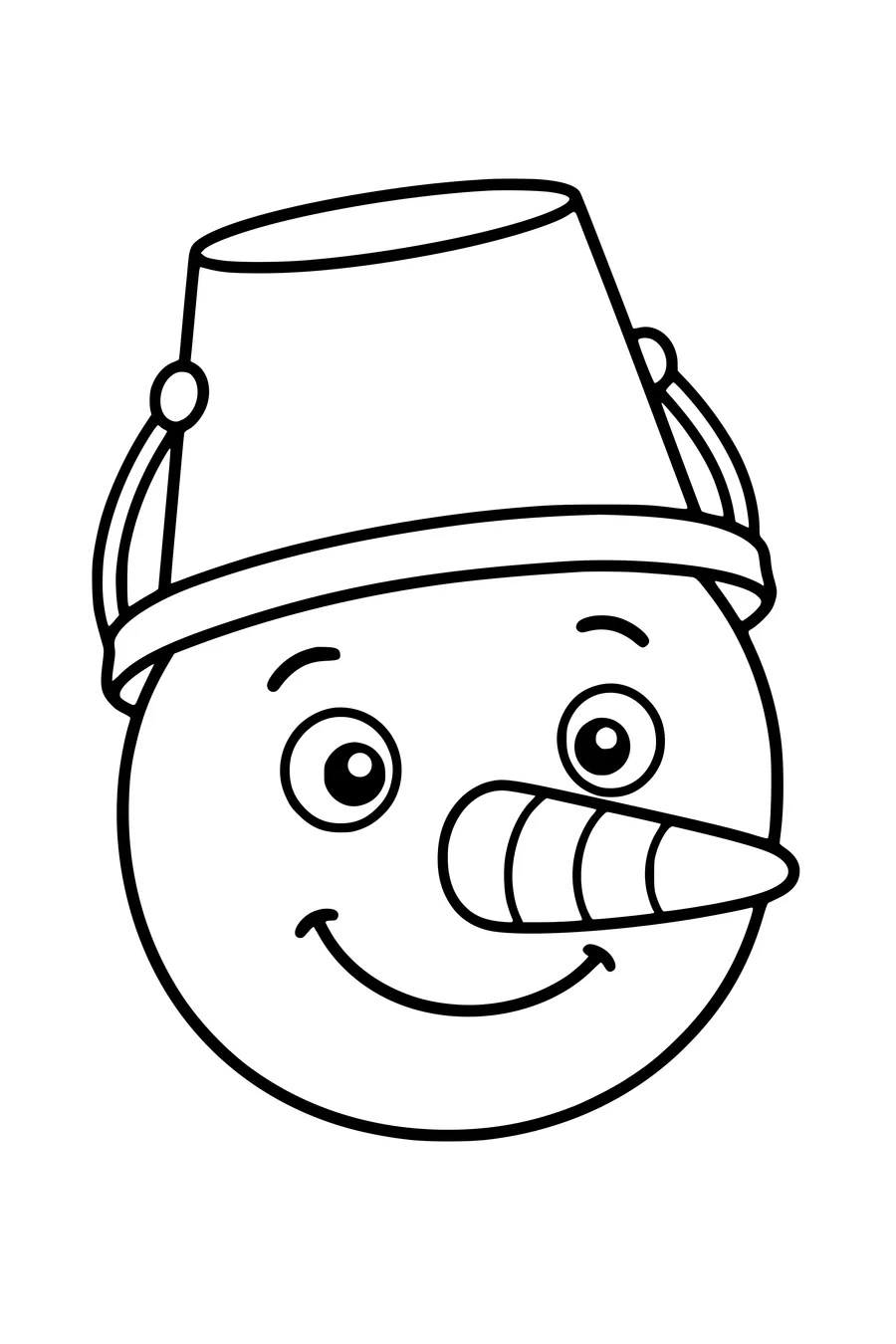 Een rond sneeuwpophoofd draagt een omgekeerde emmer als hoed.
