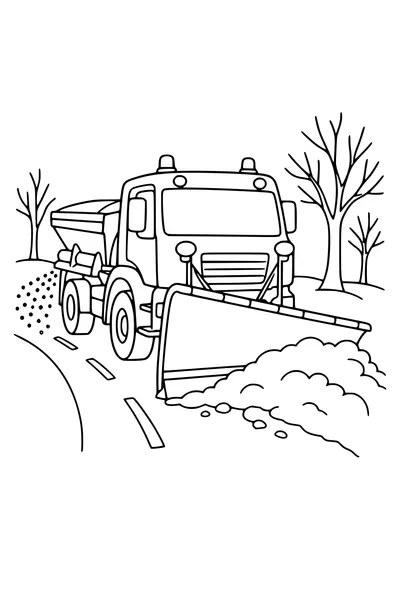 Coloring page of a snow plough clearing a road