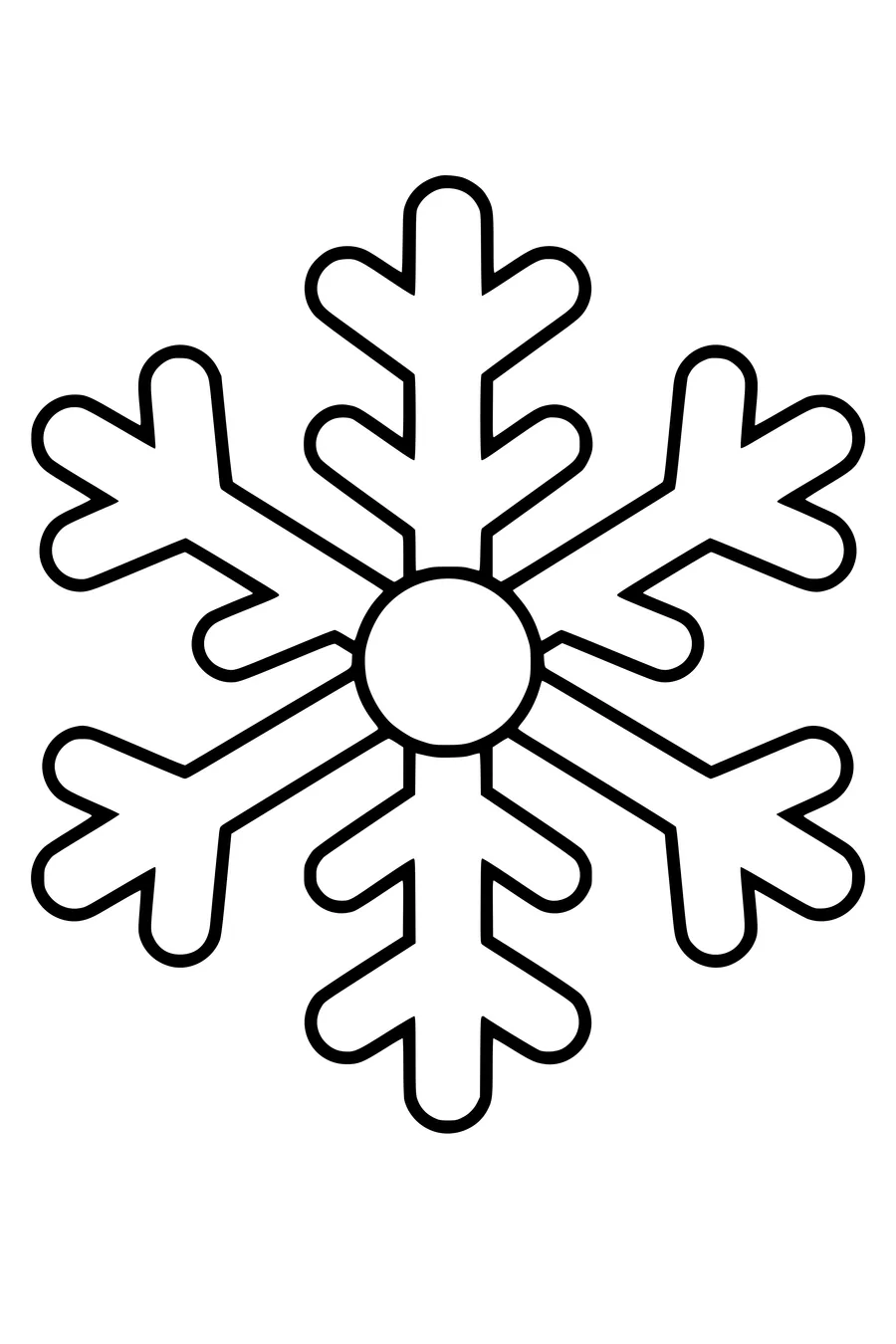 One large six-armed snowflake has broad symmetrical branches and open enclosed coloring spaces.
