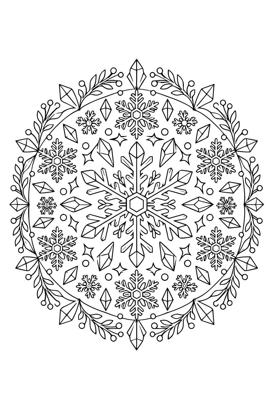 Sechsarmige Schneeflocken und breite Eiskristalle bilden symmetrische Ringe.