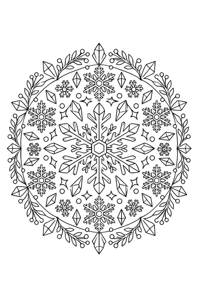Zesarmige sneeuwvlokken en brede ijskristallen vormen symmetrische ringen.