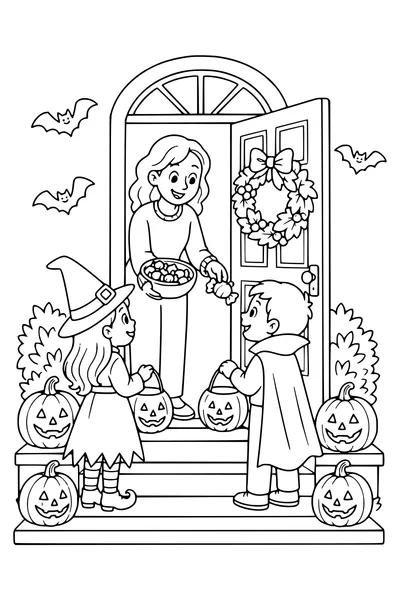 Kostenloses Ausmalbild: Süßigkeitenverteilung an der Haustür zu Halloween
