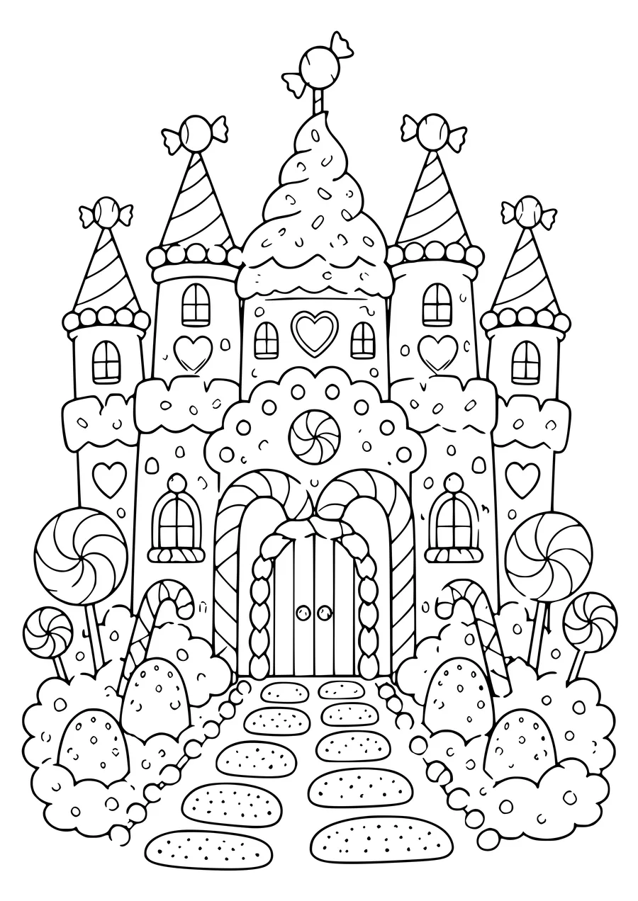 candy castle with candy canes coloring page
