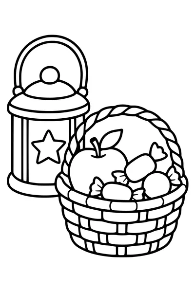 A small wicker basket after a Saint Martin lantern walk holds one apple and three large wrapped sweets, a simple lantern beside it.