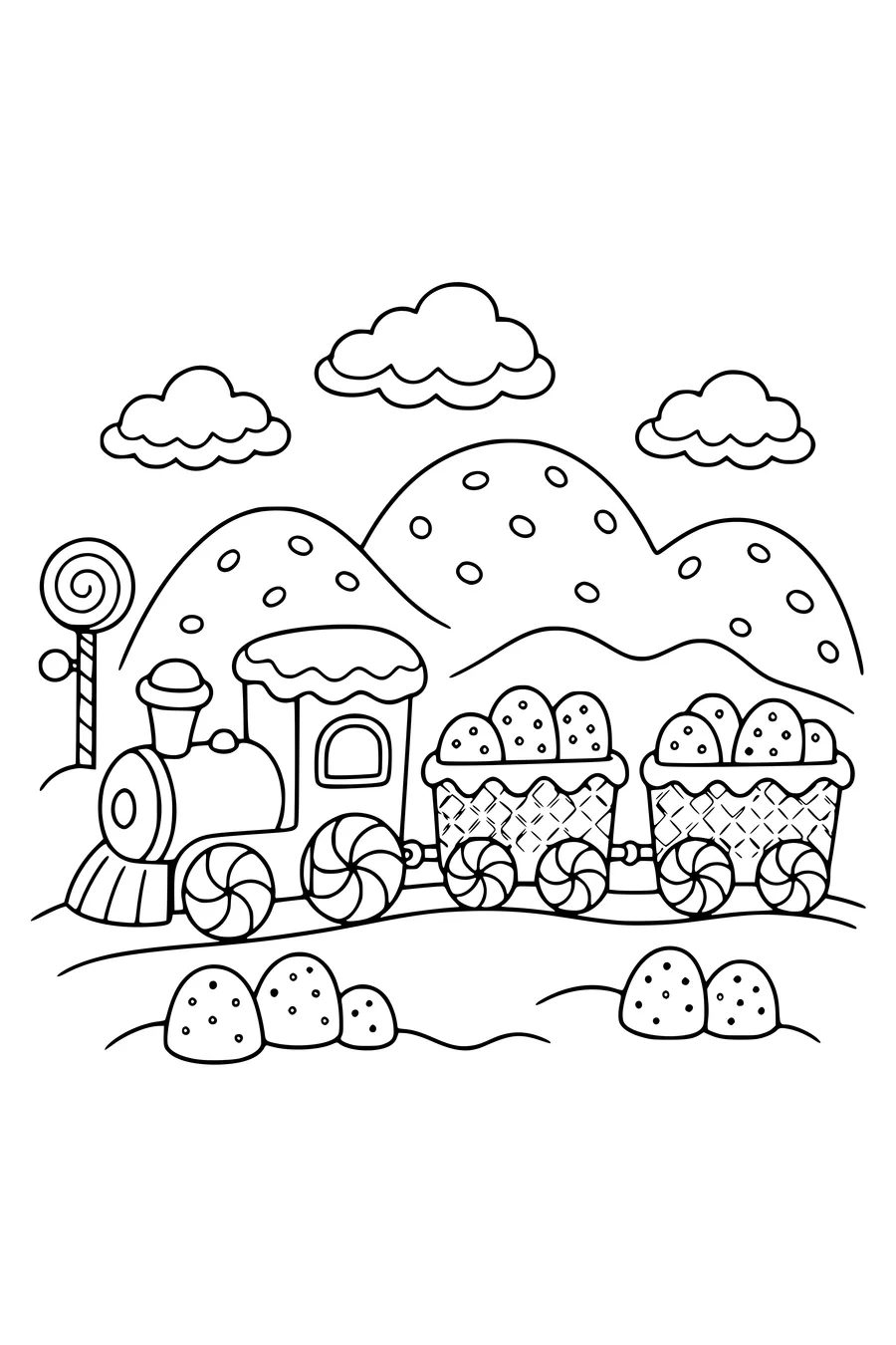 Kleurplaat op gemiddeld niveau van een originele snoeptrein door koekjesland