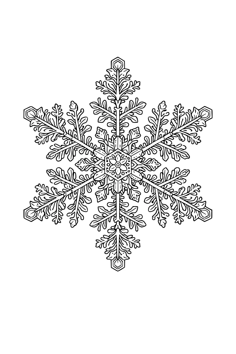 Kleurplaat van een groot symmetrisch sneeuwkristal met zes armen