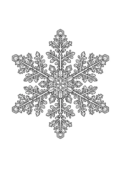 Kleurplaat van een groot symmetrisch sneeuwkristal met zes armen