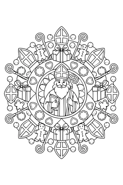 Ringen van mijters, speculaaspoppen en stafkrullen vormen een rond sinterklaaspatroon.