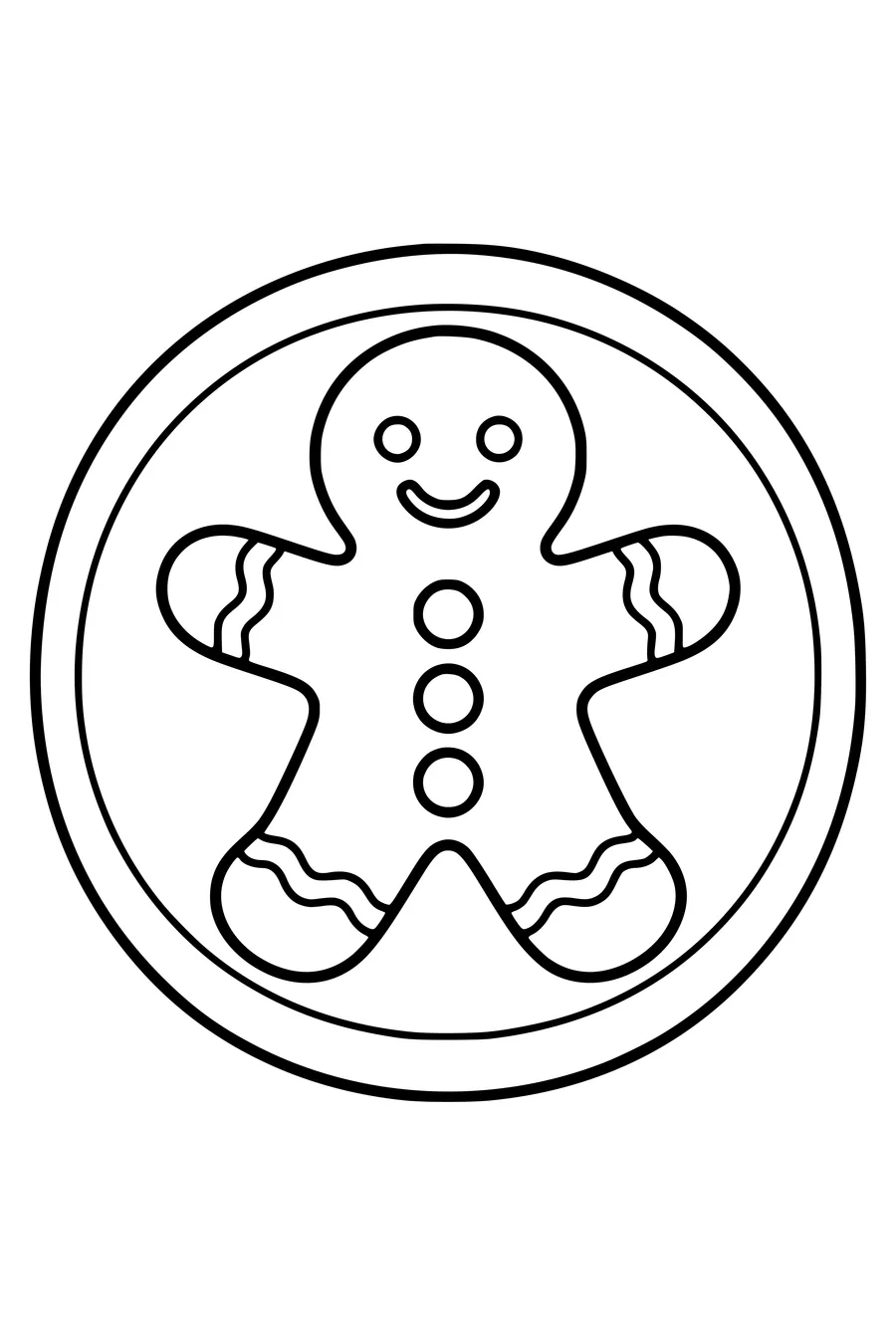 Un bonhomme en speculaas avec de gros boutons sur une assiette ronde.