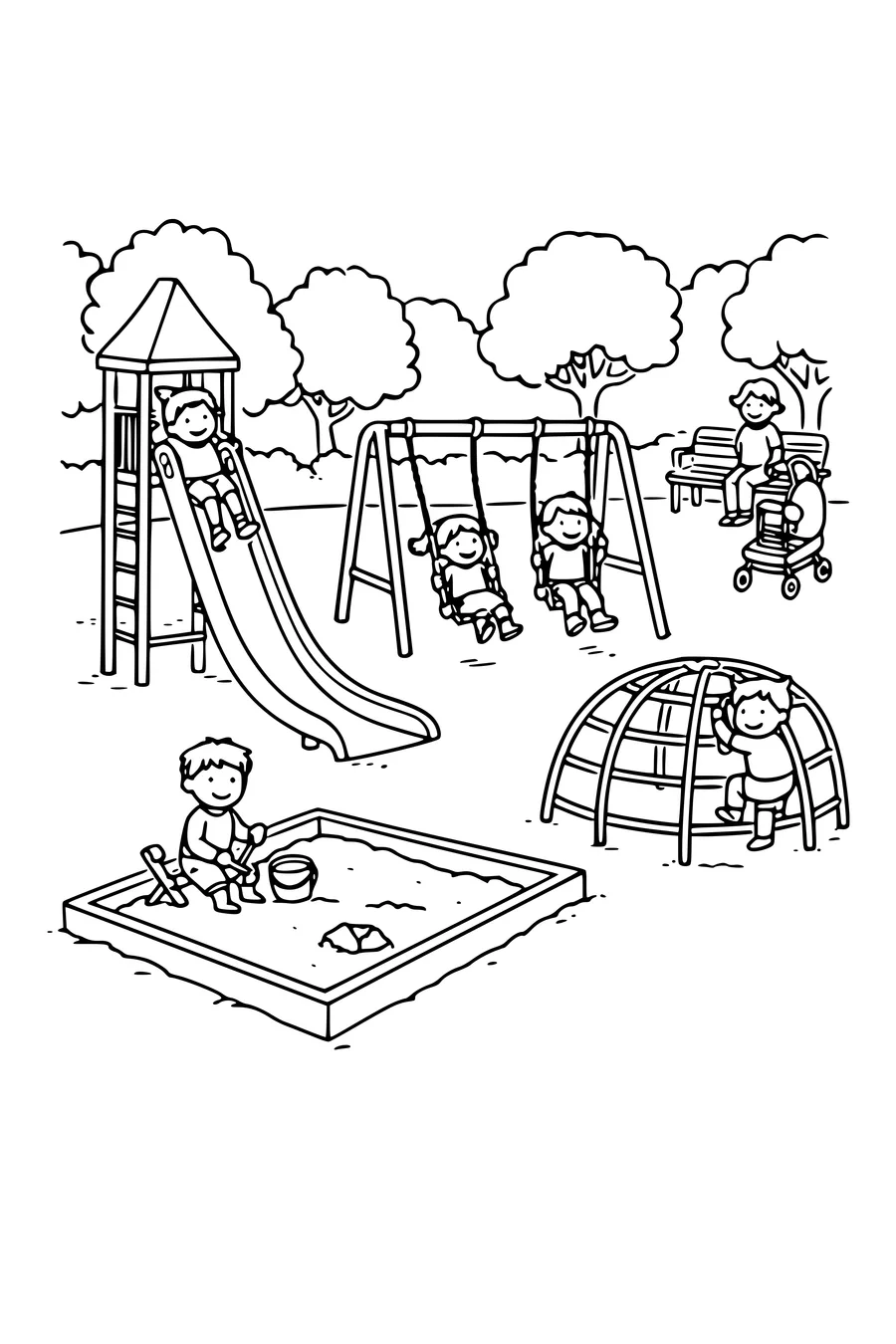 Coloring page of a playground with a slide, swings and a sandpit