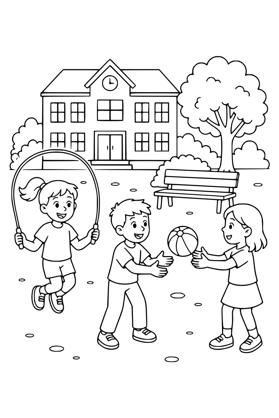Gratis printbare school kleurplaat van spelen op de speelplaats van school in de klas