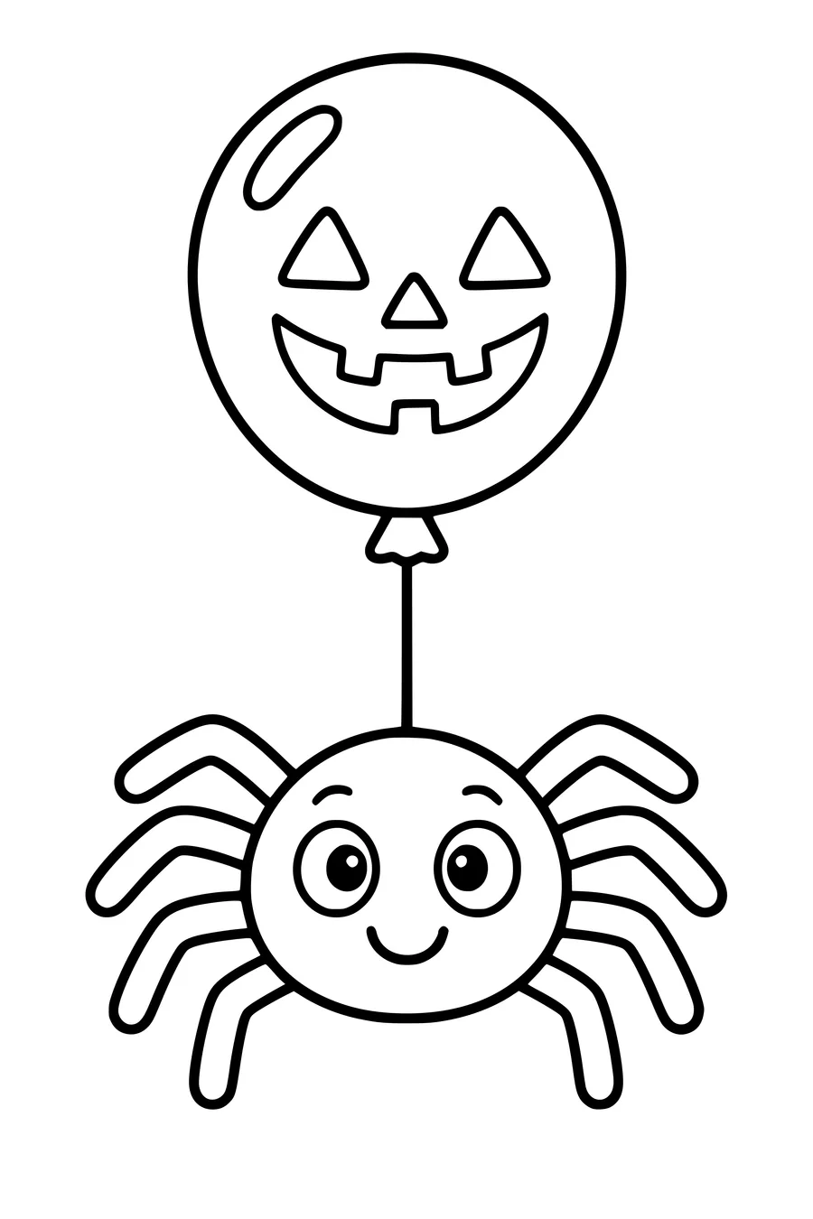 One smiling spider hangs from the string of a round Halloween balloon, eight clearly separated legs.