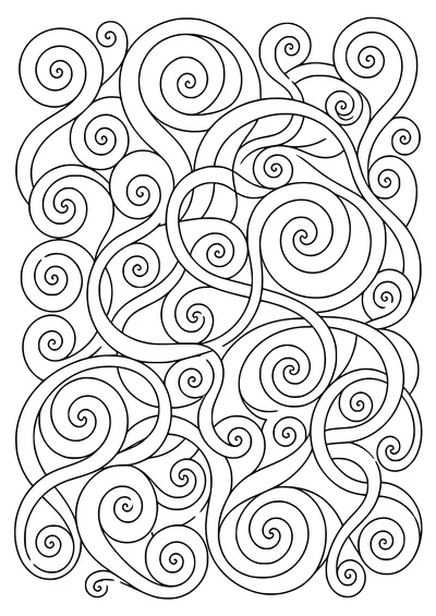 Coloring page of nested overlapping spirals with dotted gaps