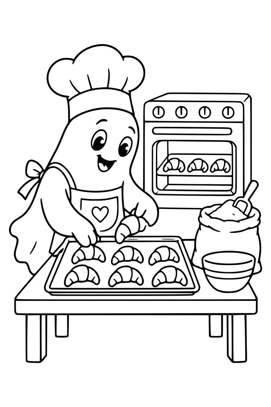 A friendly ghost baker arranges crescent-shaped rolls on a tray beside an oven and sack of flour.
