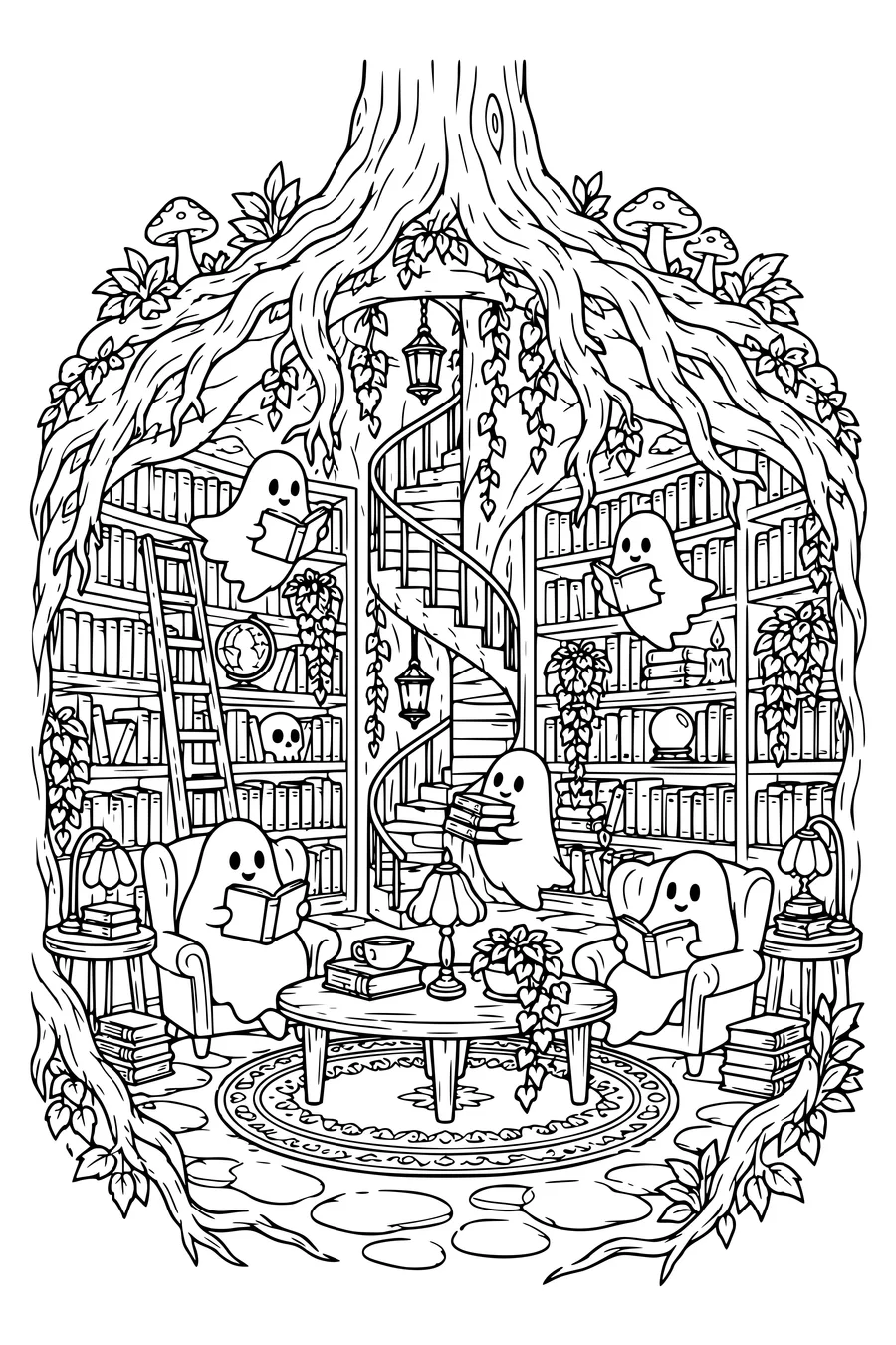 Runde Bücherregale und Leseecken unter Baumwurzeln.