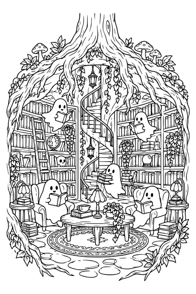 A subterranean friendly-ghost library beneath gnarled tree roots has curved bookcases, reading chairs, tiny lamps and a spiral entrance stair, unlettered books.