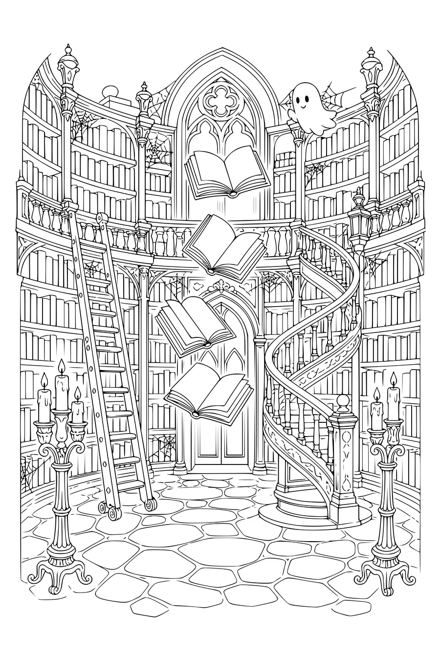 Free printable coloring page of detailed haunted library with floating books