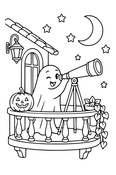 A friendly ghost looks through a telescope on a small balcony with a pumpkin lantern, outlined crescent moon and large stars.