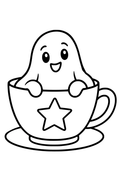 A friendly small sheet ghost peeks from a large teacup decorated with one broad star.