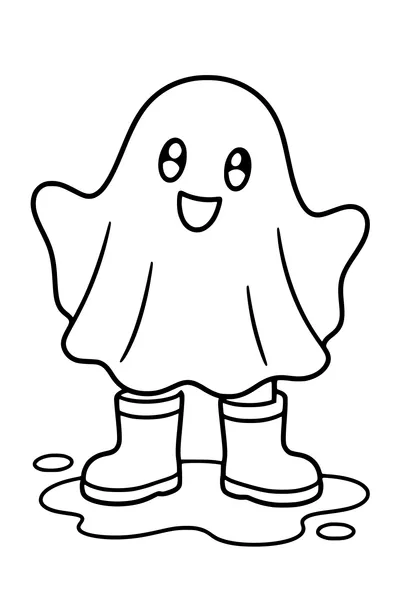 A friendly sheet ghost wears two oversized rain boots while standing beside a small puddle.