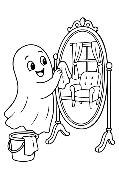 A friendly ghost polishes an oval mirror whose reflection shows only a chair and window, a cleaning bucket nearby.