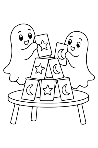 Two friendly ghosts stack oversized cards marked only with stars and crescent shapes into a small card house on a table.
