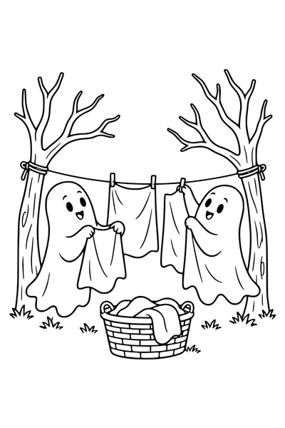 Two friendly ghosts hang spare sheets on a clothesline between two bare trees, a laundry basket beneath.